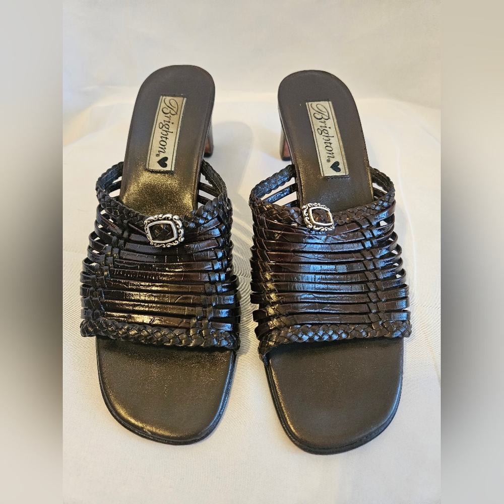 Brighton Woven Leather Mules Slide Sandals Block Heel Size 7